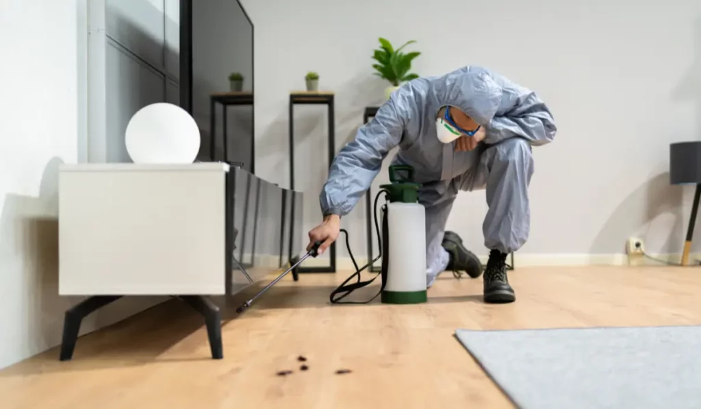 Professional technician performing Residential Pest Control treatment inside a modern Chicago living room using eco-safe equipment.