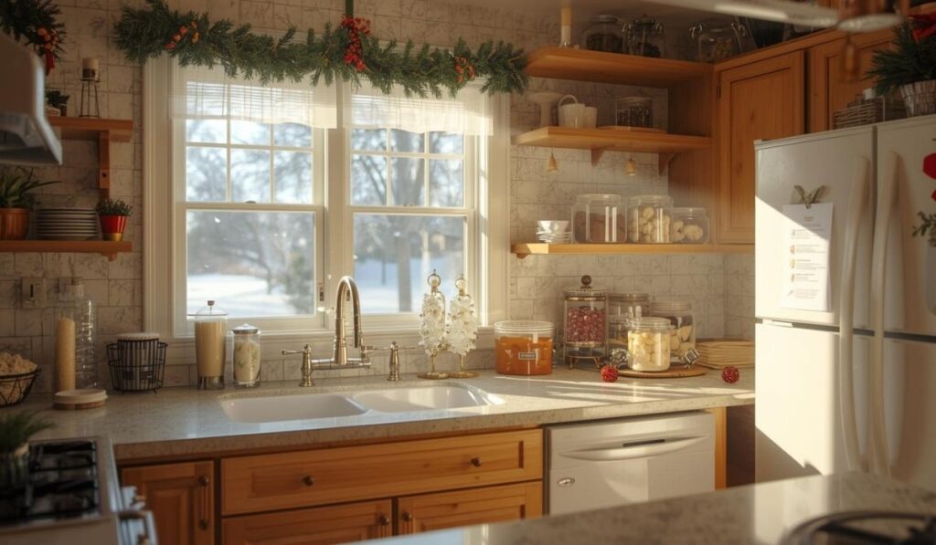 Chicago home decorated for the holidays with clean kitchen and sealed food containers, symbolizing holiday pest control.