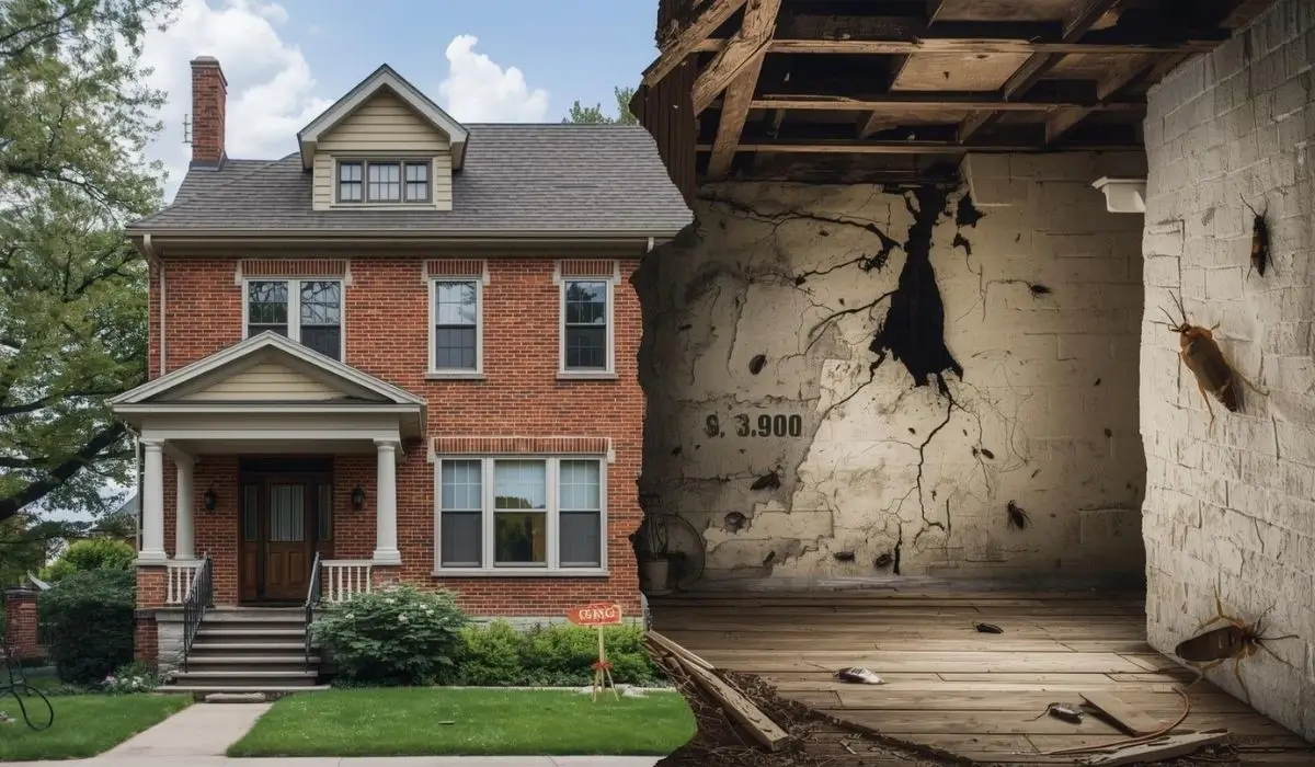 Illustration of a Chicago home showing termites, roaches and other pest damage with visible repair costs and structural issues.