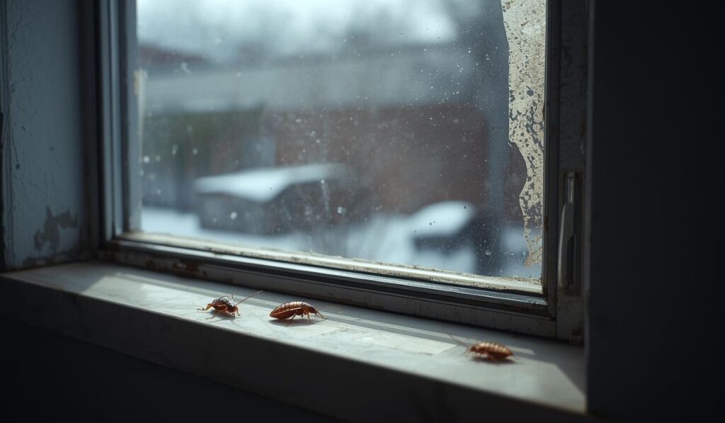 Three cockroaches near a cold window inside a Chicago home, illustrating how pest infestations persist indoors during winter months.