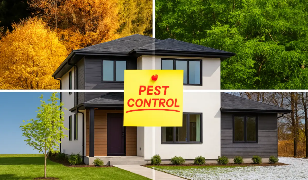 Modern home across four seasons illustrating Chicago Pest Control needs for year-round protection against shifting seasonal pest activity.