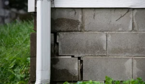 Cracked foundation corner showing where pests enter during winter without proper exterior home sealing protection.