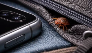 Bed Bugs hiding near smartphone and fabric seam inside modern home living environment.