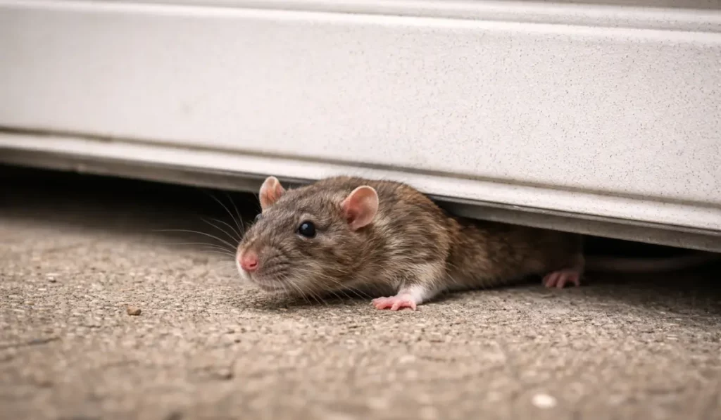 Brown rat takes over garages by entering through small gap under white door during cold winter months.