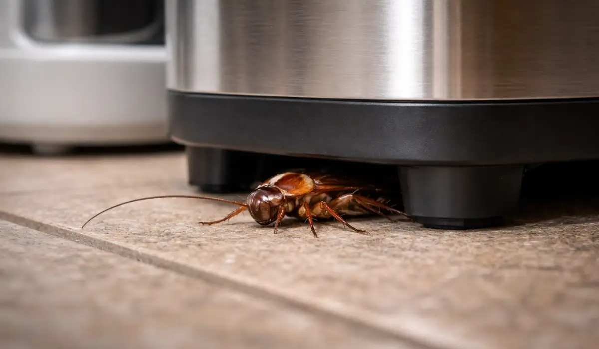 Cockroach under kitchen appliance reveals signs roaches are lurking in hidden warm spaces behind household appliances.