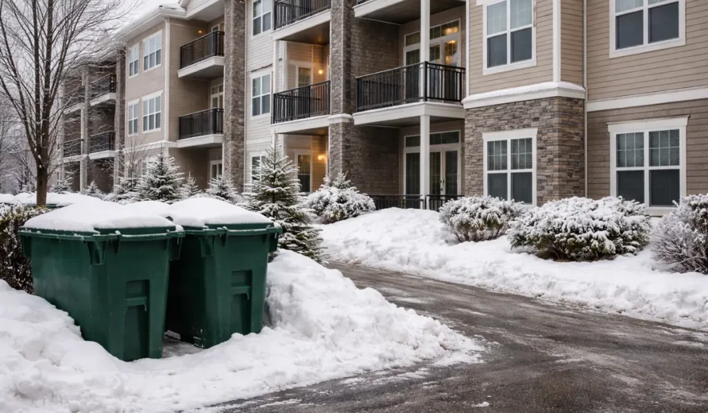 Rodent-proofing rentals image showing winter trash bins, multi-unit housing, and typical rodent access points.