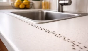 Ants invade kitchens forming visible trail near sink countertop searching for moisture and food indoors.