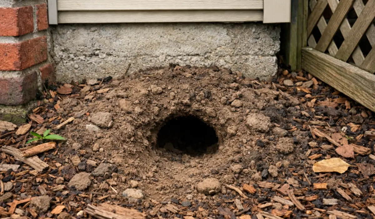 Rats nesting in your yard near foundation burrow with fresh disturbed soil visible.