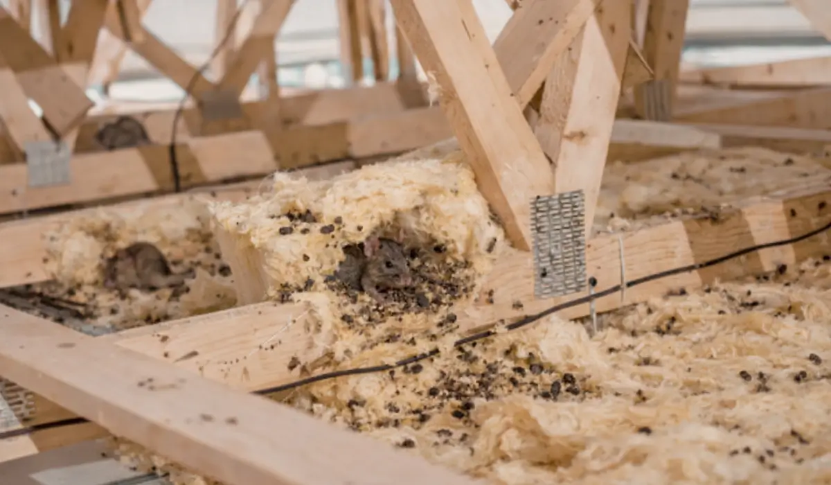Rats in the attic Chicago causing insulation damage with droppings and nesting inside residential attic structure.